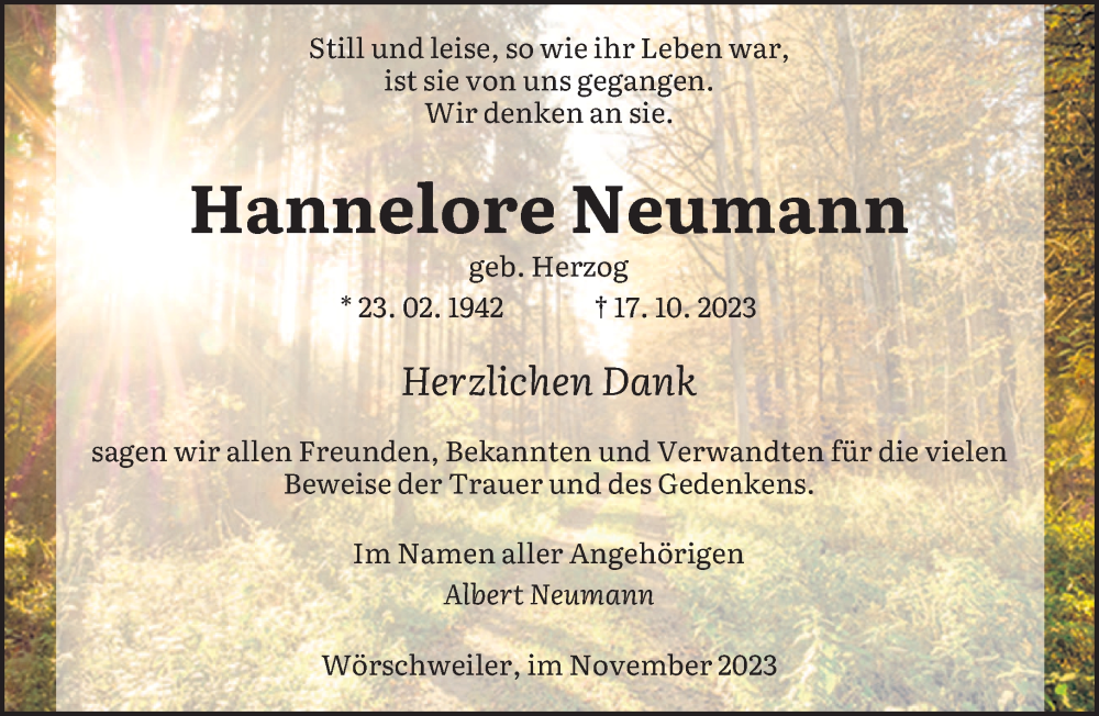 Traueranzeigen Von Hannelore Neumann Saarbruecker Zeitung Trauer De