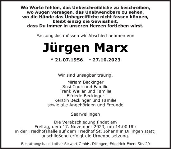 Traueranzeigen von Jürgen Marx Saarbruecker Zeitung Trauer de