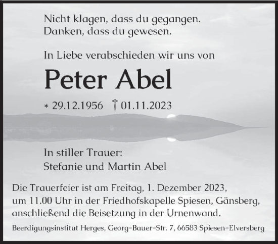 Traueranzeigen Von Peter Abel Saarbruecker Zeitung Trauer De