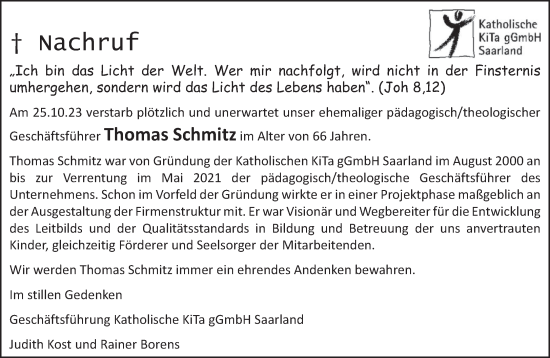 Traueranzeigen Von Thomas Schmitz Saarbruecker Zeitung Trauer De