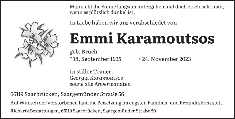 Traueranzeigen Von Emmi Karamoutsos Saarbruecker Zeitung Trauer De