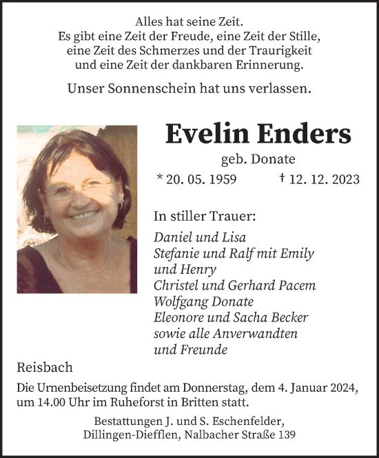 Traueranzeigen Von Evelin Enders Saarbruecker Zeitung Trauer De