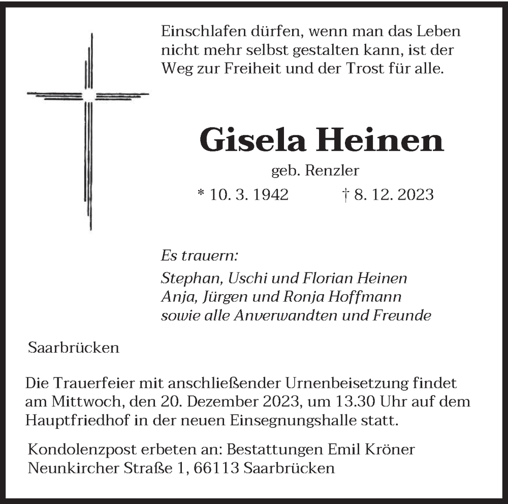 Traueranzeigen Von Gisela Heinen Saarbruecker Zeitung Trauer De