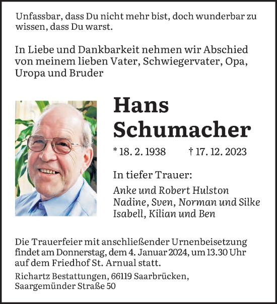 Traueranzeigen Von Hans Schumacher Saarbruecker Zeitung Trauer De