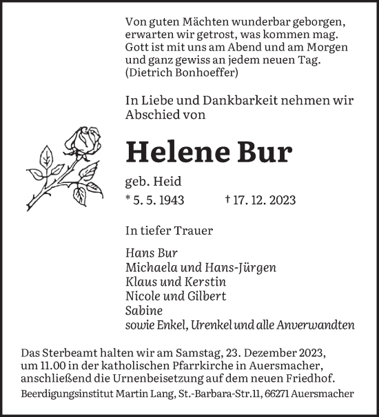 Traueranzeigen Von Helene Bur Saarbruecker Zeitung Trauer De