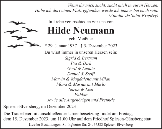 Traueranzeigen Von Hilde Neumann Saarbruecker Zeitung Trauer De