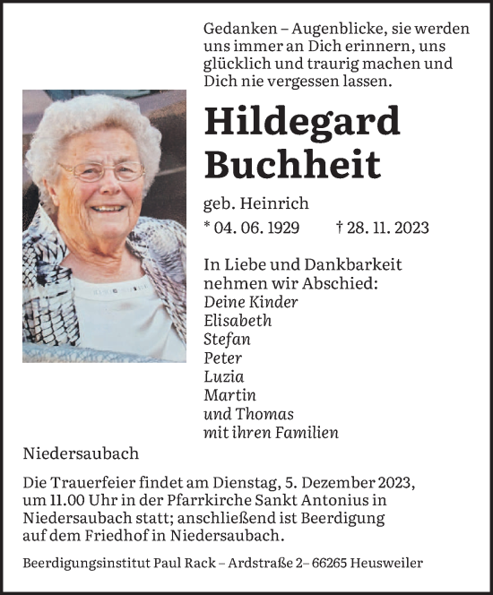 Traueranzeigen Von Hildegard Buchheit Saarbruecker Zeitung Trauer De