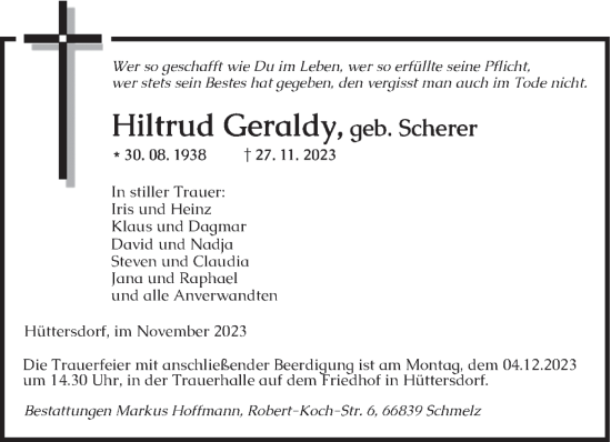 Traueranzeigen Von Hiltrud Geraldy Saarbruecker Zeitung Trauer De