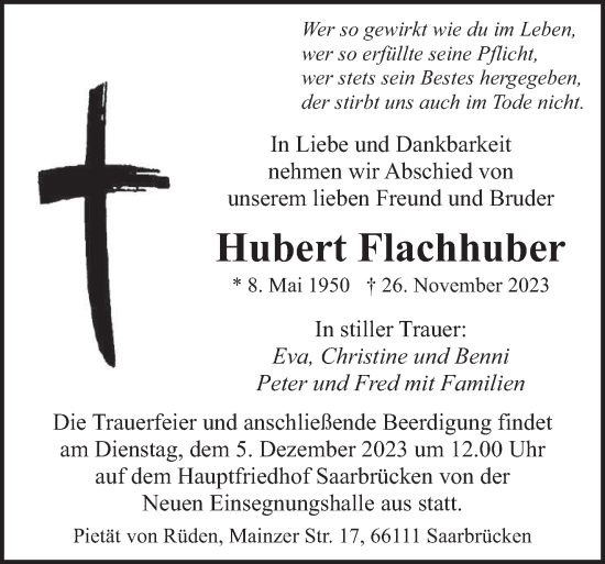 Traueranzeigen Von Hubert Flachhuber Saarbruecker Zeitung Trauer De