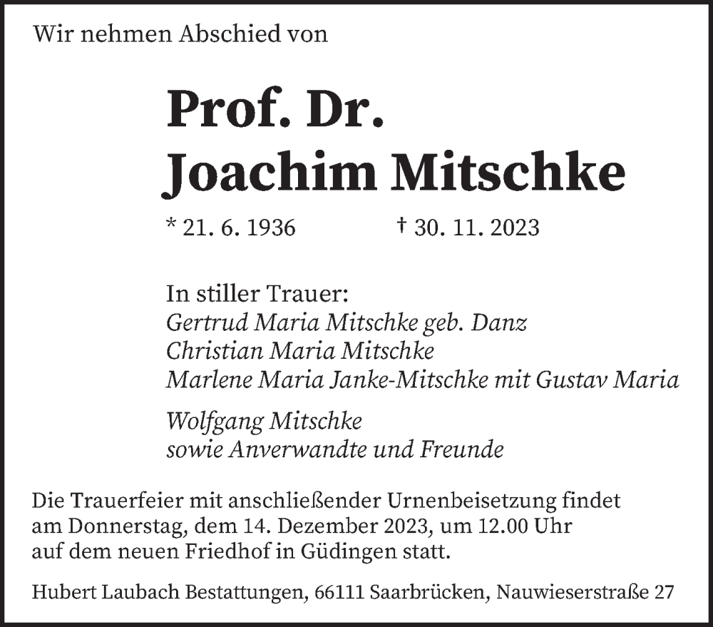 Traueranzeigen Von Joachim Mitschke Saarbruecker Zeitung Trauer De