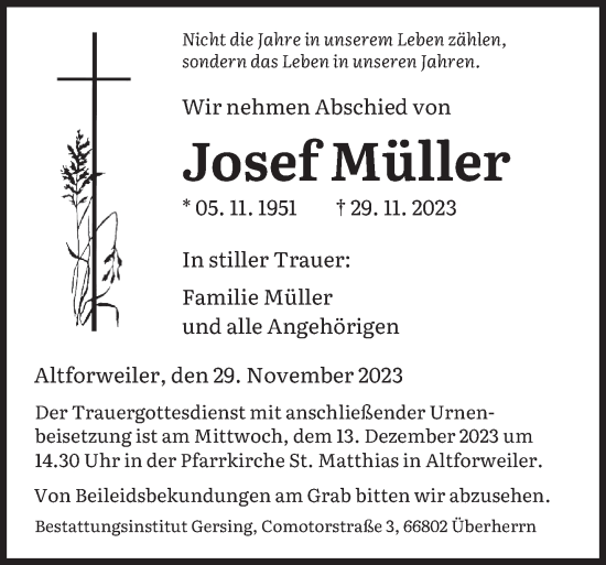 Traueranzeigen Von Josef M Ller Saarbruecker Zeitung Trauer De