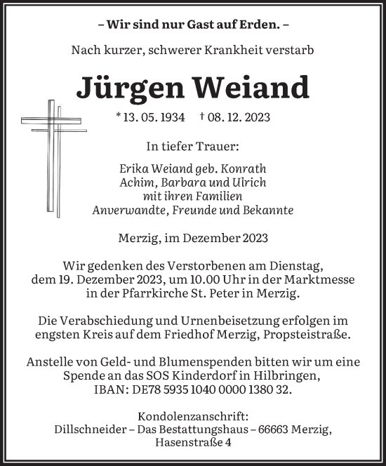 Traueranzeigen Von J Rgen Weiand Saarbruecker Zeitung Trauer De