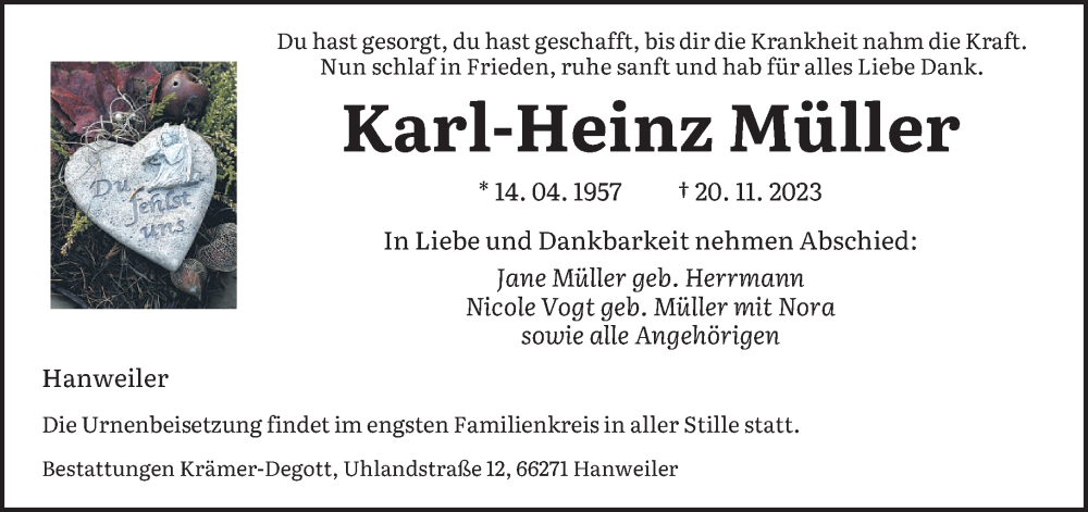 Traueranzeigen von Karl Heinz Müller Saarbruecker Zeitung Trauer de