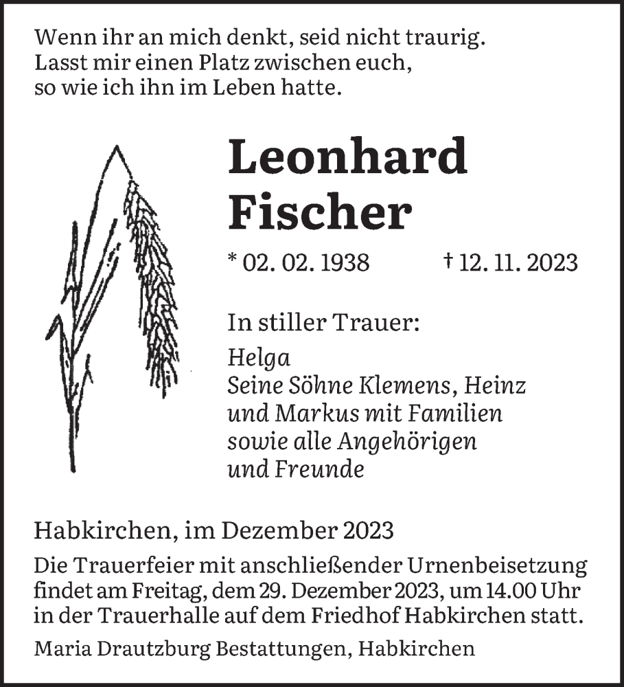 Traueranzeigen Von Leonhard Fischer Saarbruecker Zeitung Trauer De