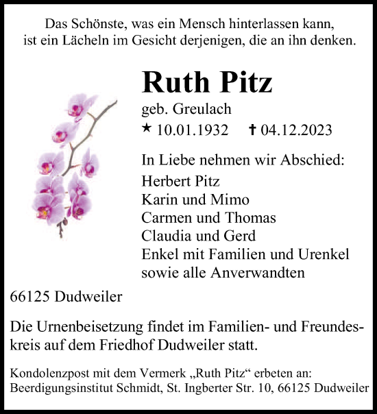 Traueranzeigen Von Ruth Pitz Saarbruecker Zeitung Trauer De