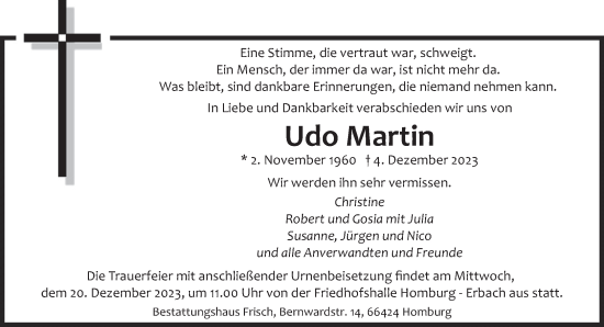 Traueranzeigen Von Udo Martin Saarbruecker Zeitung Trauer De