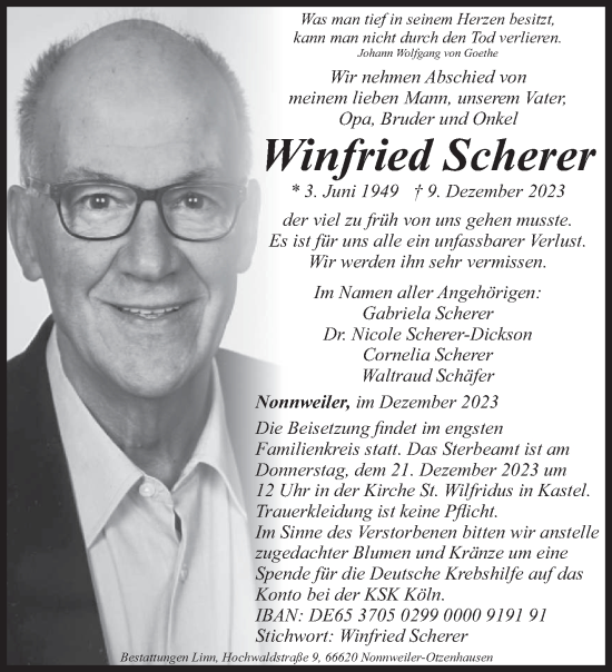 Traueranzeigen Von Winfried Scherer Saarbruecker Zeitung Trauer De