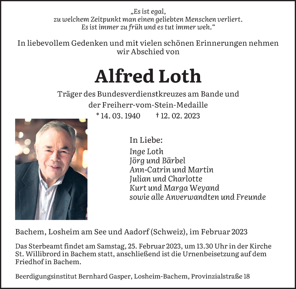 Traueranzeigen Von Alfred Loth Saarbruecker Zeitung Trauer De