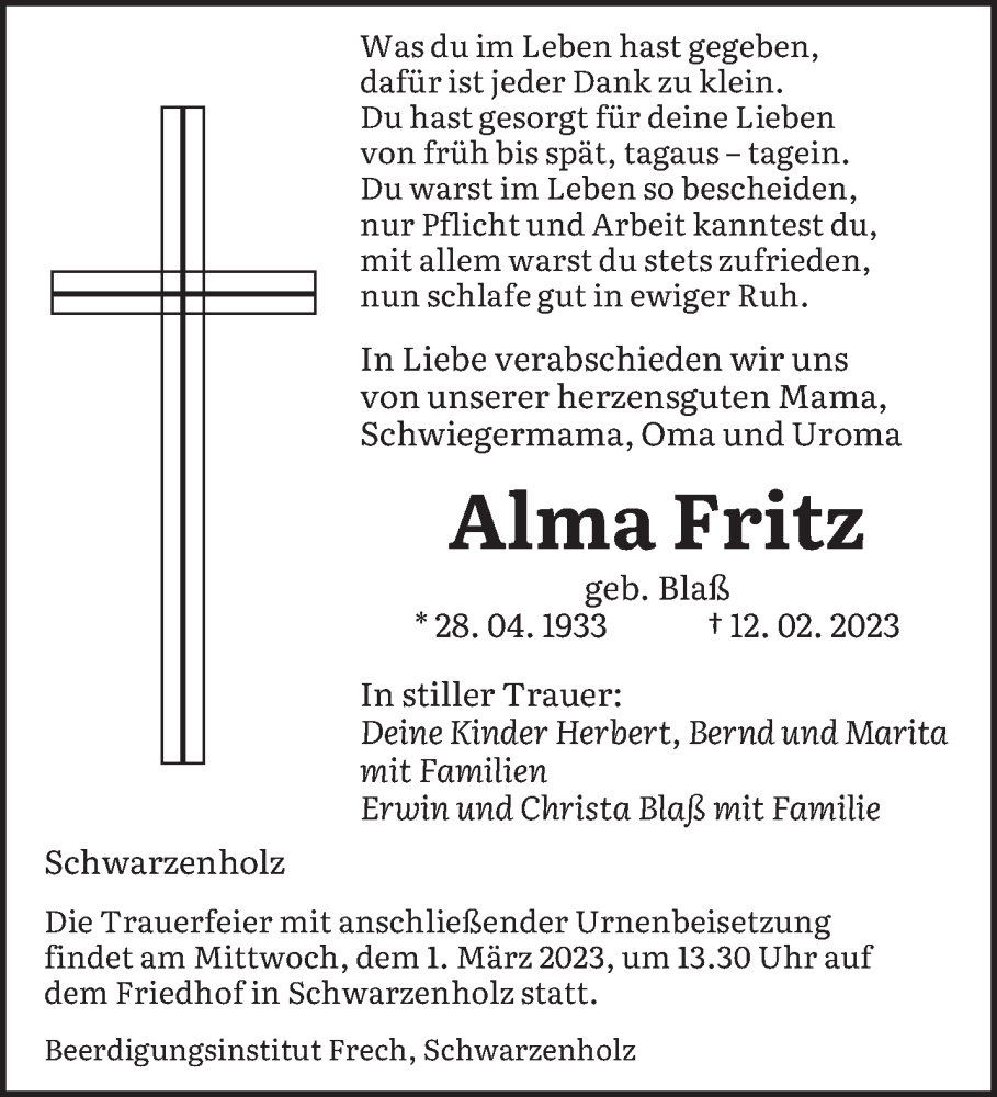 Traueranzeigen Von Alma Fritz Saarbruecker Zeitung Trauer De