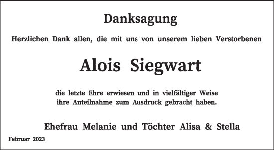 Traueranzeige von Alois Siegwart von saarbruecker_zeitung