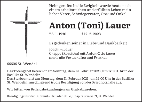 Traueranzeigen Von Anton Lauer Saarbruecker Zeitung Trauer De