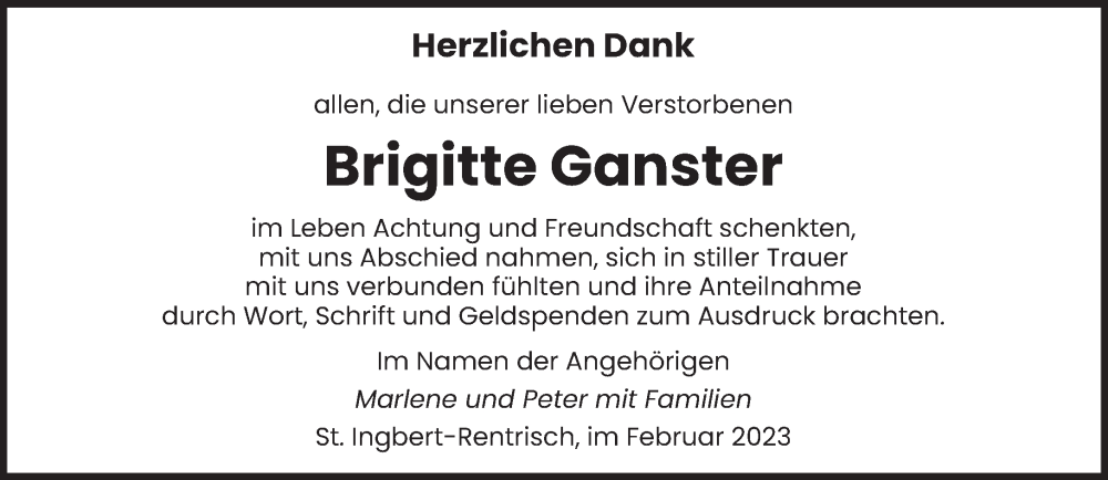 Traueranzeigen Von Brigitte Ganster Saarbruecker Zeitung Trauer De