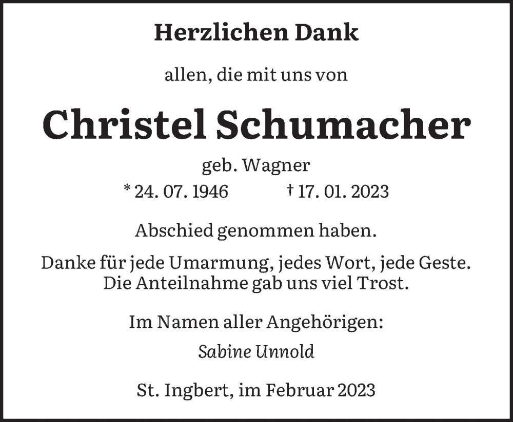 Traueranzeigen Von Christel Schumacher Saarbruecker Zeitung Trauer De