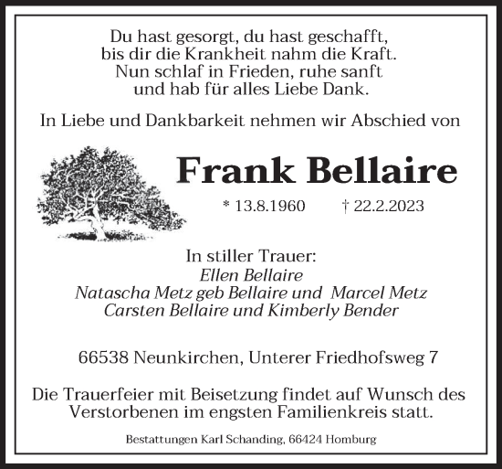 Traueranzeigen Von Frank Bellaire Saarbruecker Zeitung Trauer De