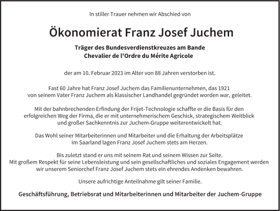 Traueranzeigen Von Franz Josef Juchem Saarbruecker Zeitung Trauer De