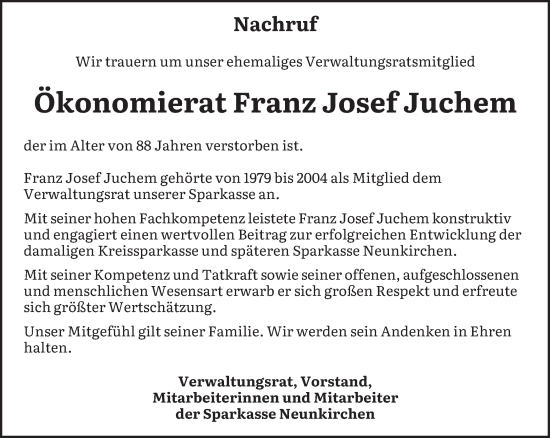 Traueranzeigen Von Franz Josef Juchem Saarbruecker Zeitung Trauer De