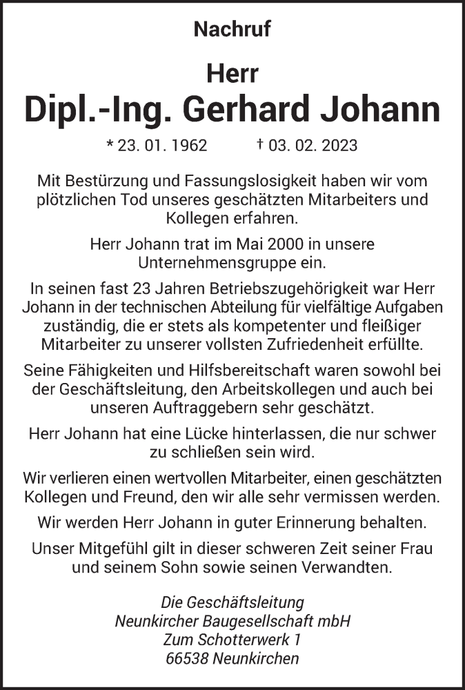 Traueranzeigen Von Gerhard Johann Saarbruecker Zeitung Trauer De