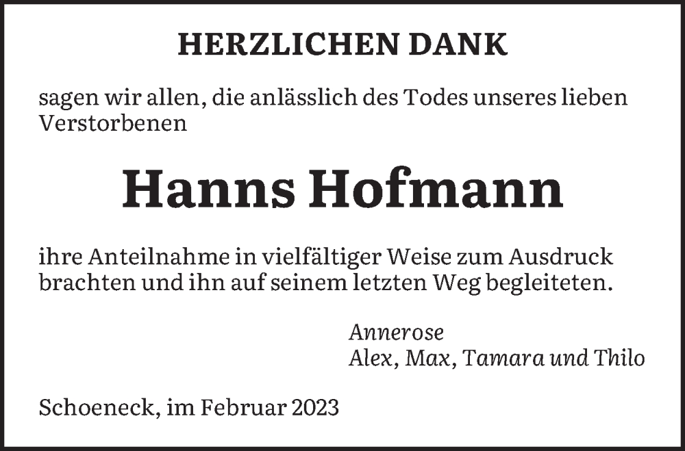 Traueranzeigen Von Hanns Hofmann Saarbruecker Zeitung Trauer De