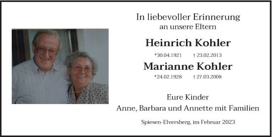 Traueranzeige von Heinrich und Marianne Kohler von saarbruecker_zeitung