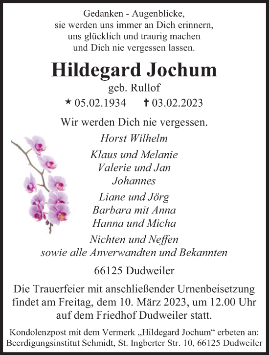 Traueranzeigen Von Hildegard Jochum Saarbruecker Zeitung Trauer De