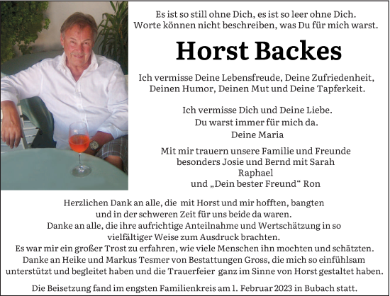 Traueranzeigen Von Horst Backes Saarbruecker Zeitung Trauer De