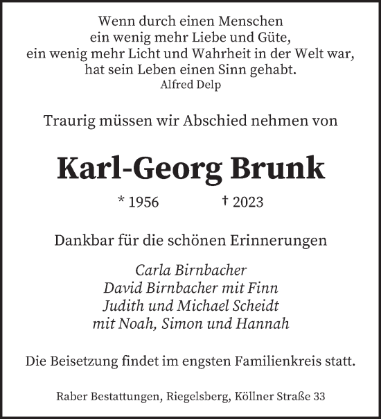 Traueranzeige von Karl-Georg Brunk von saarbruecker_zeitung