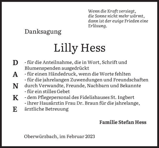 Traueranzeigen Von Lilly Hess Saarbruecker Zeitung Trauer De