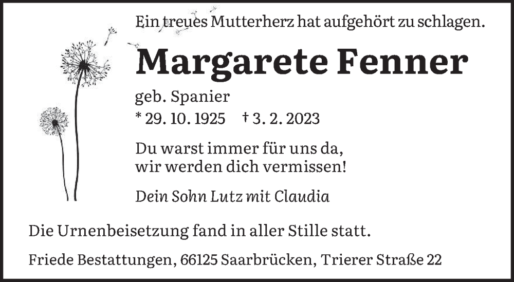 Traueranzeigen Von Margarete Fenner Saarbruecker Zeitung Trauer De