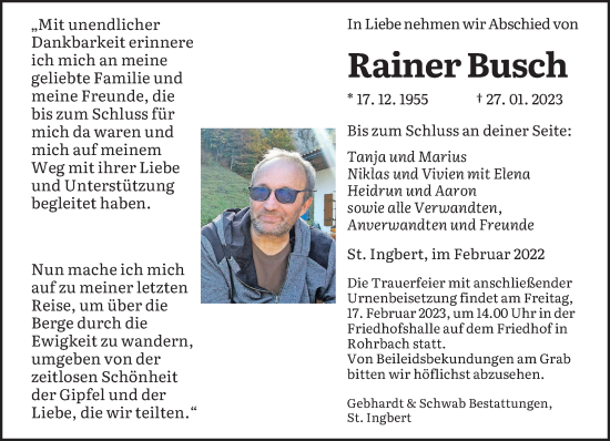 Traueranzeigen Von Rainer Busch Saarbruecker Zeitung Trauer De