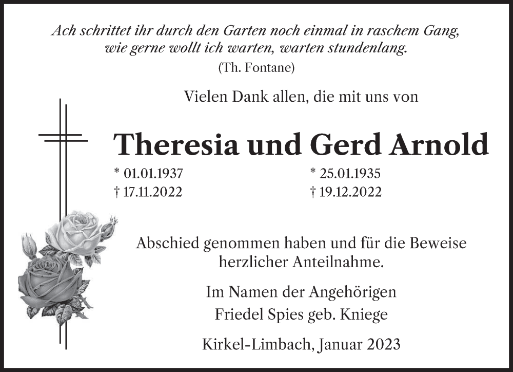 Traueranzeigen Von Theresia Und Gerd Arnold Saarbruecker Zeitung