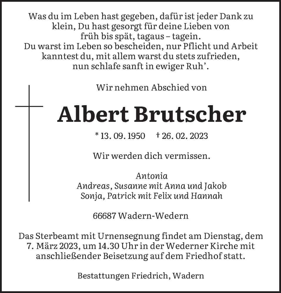 Traueranzeigen Von Albert Brutscher Saarbruecker Zeitung Trauer De