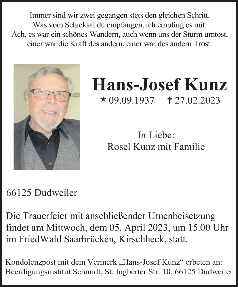 Traueranzeigen Von Hans Josef Kunz Saarbruecker Zeitung Trauer De