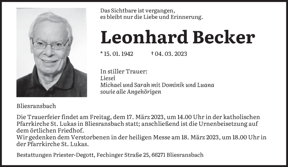 Traueranzeigen Von Leonhard Becker Saarbruecker Zeitung Trauer De