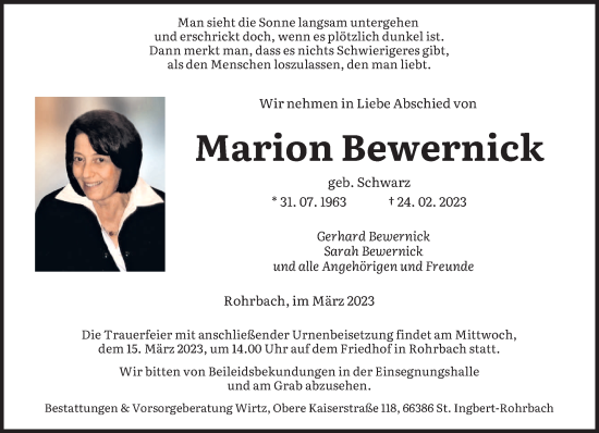 Traueranzeigen Von Marion Bewernick Saarbruecker Zeitung Trauer De