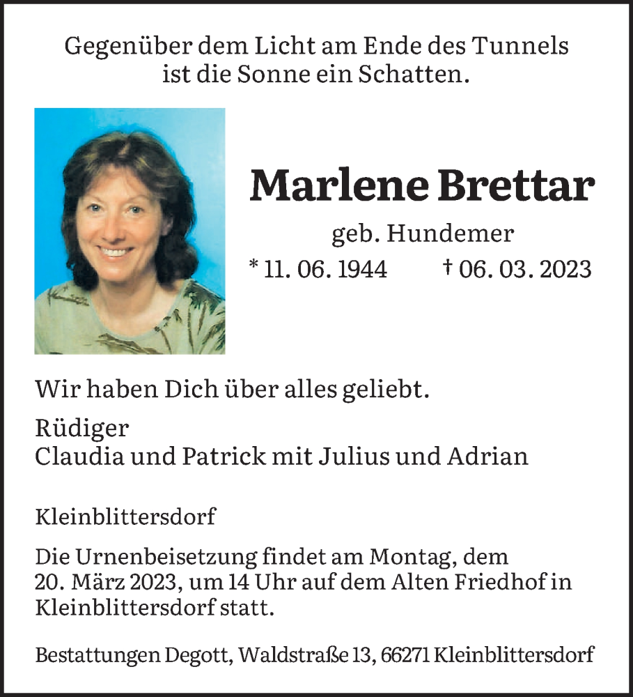 Traueranzeigen Von Marlene Brettar Saarbruecker Zeitung Trauer De