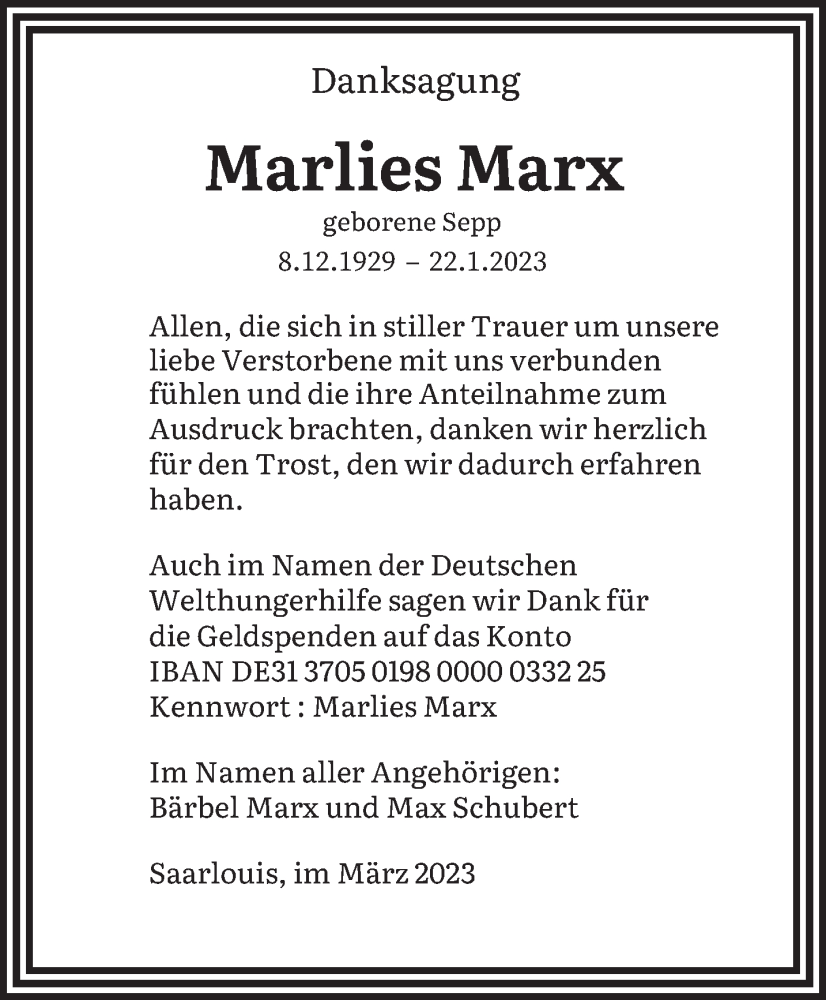 Traueranzeigen Von Marlies Marx Saarbruecker Zeitung Trauer De