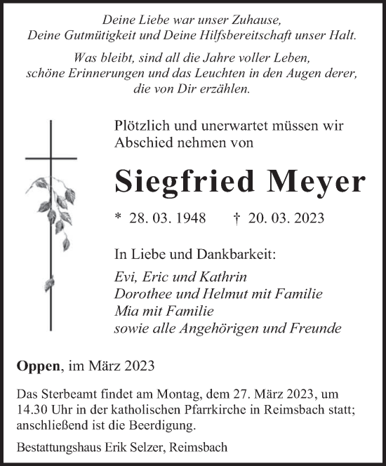 Traueranzeigen Von Siegfried Meyer Saarbruecker Zeitung Trauer De