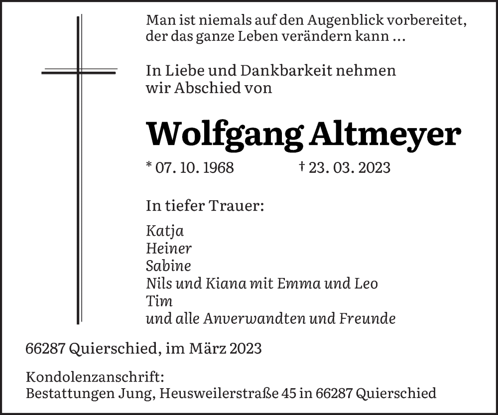 Traueranzeigen Von Wolfgang Altmeyer Saarbruecker Zeitung Trauer De