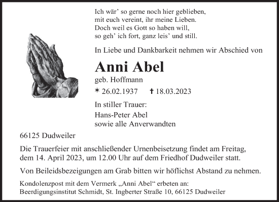 Traueranzeigen Von Anni Abel Saarbruecker Zeitung Trauer De