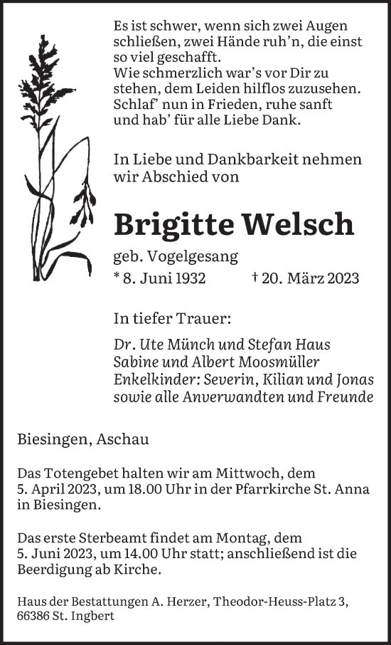 Traueranzeigen Von Brigitte Welsch Saarbruecker Zeitung Trauer De